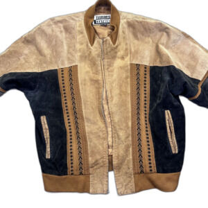 Vintage Tuskany Leather brown black patch pattern bomber‎ jacket XL - No ZIP
